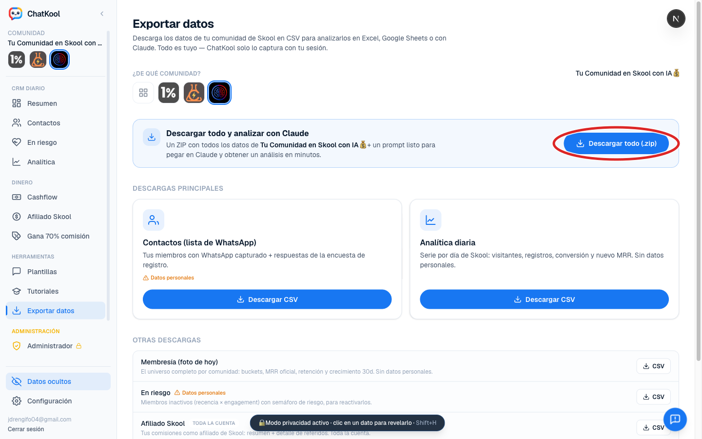 Sin una API pública de Skool, ChatKool te deja exportar los datos de tu comunidad en CSV o en un ZIP listo para analizar con Claude.