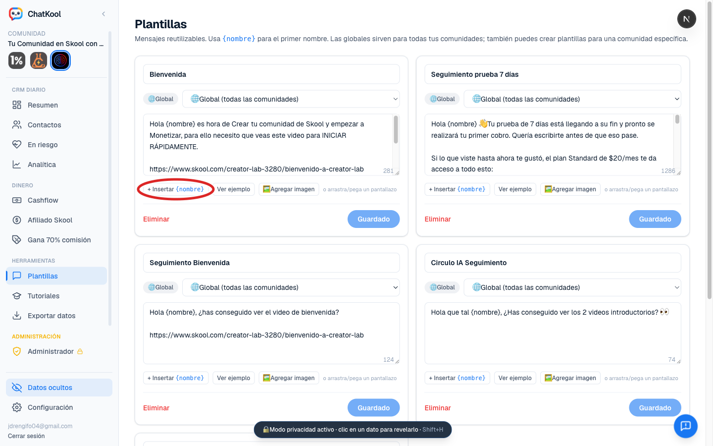 Frente al Auto DM que se queda dentro de Skool, las plantillas de ChatKool llevan el mensaje a WhatsApp, donde los miembros sí lo leen.